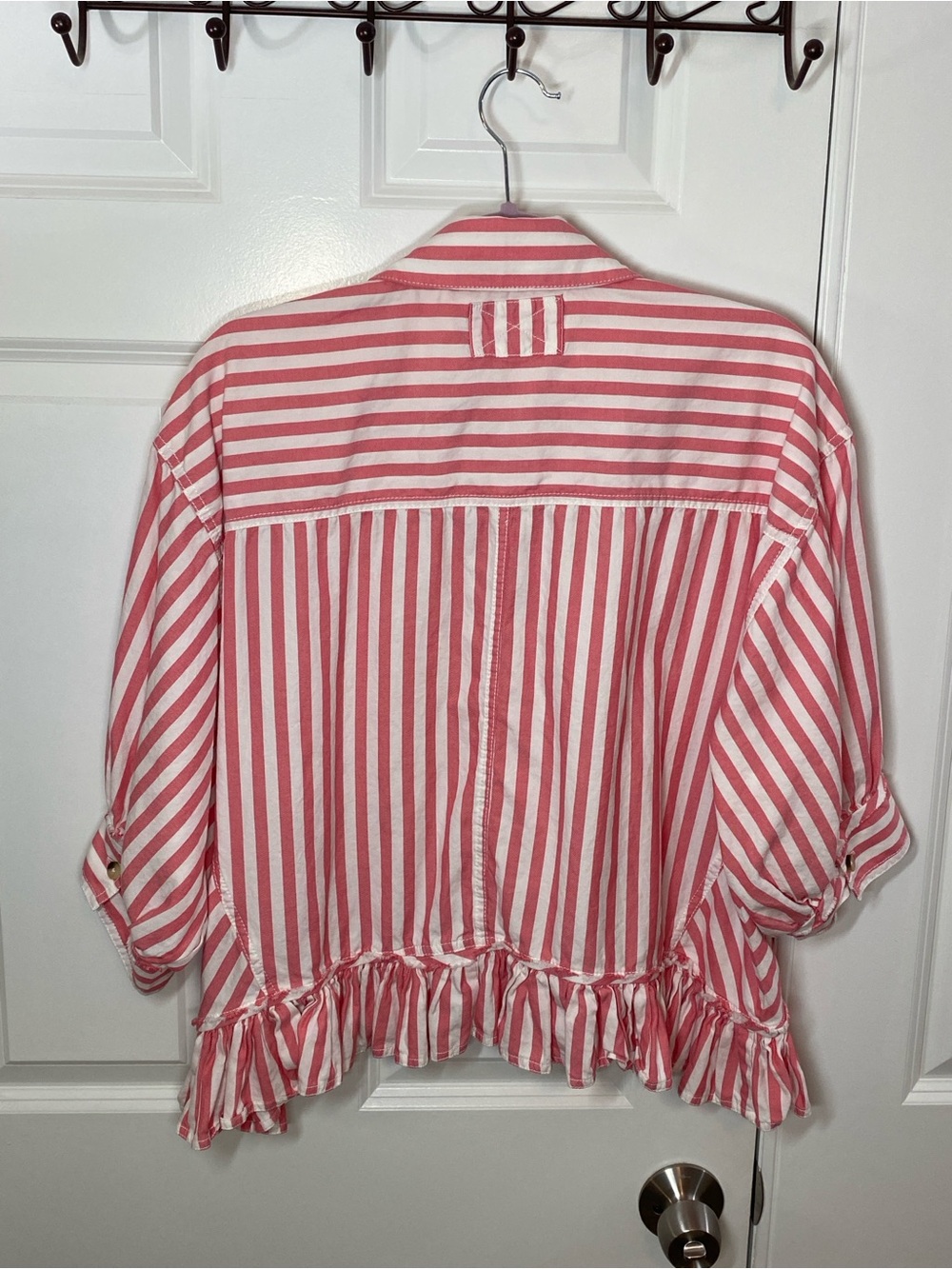 Free People Pink and White Striped Ruffle Hem Shirt Size Medium - Picture 2 of 3
